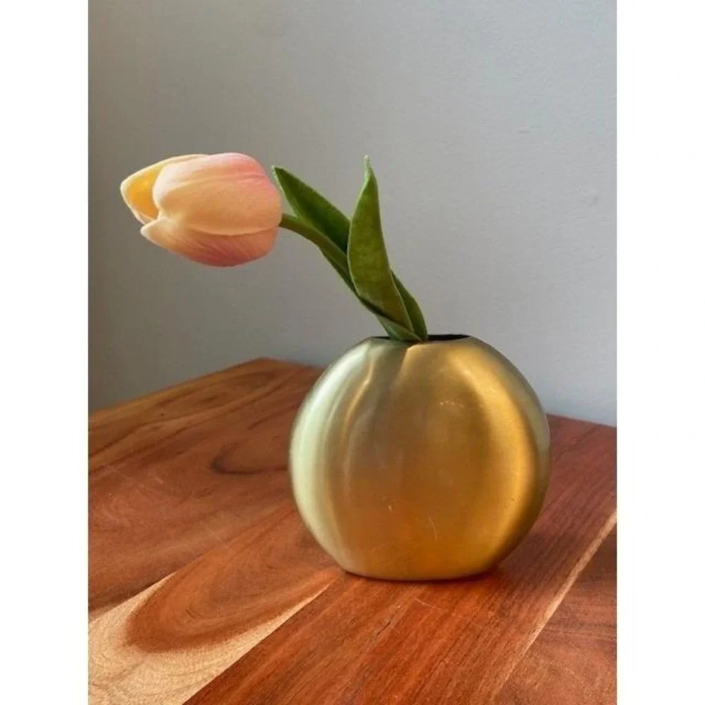 Brass Oval Metal Bud Vase Mid Century Modern Round Pebble Vase Minimalist 4in
